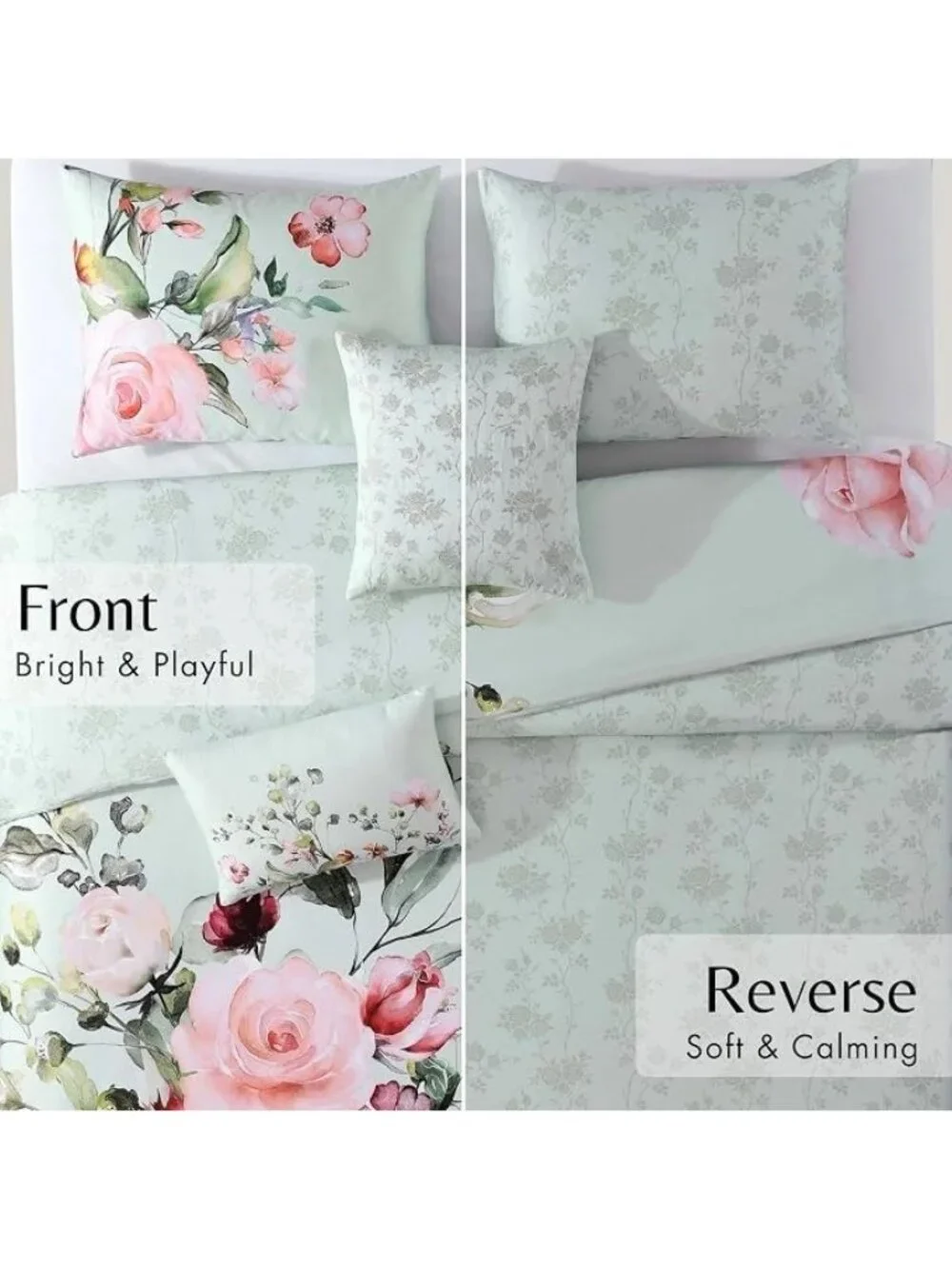 Bebejan Rose on Misty Green Queen 5-Piece Reversible Comforter Set NEW